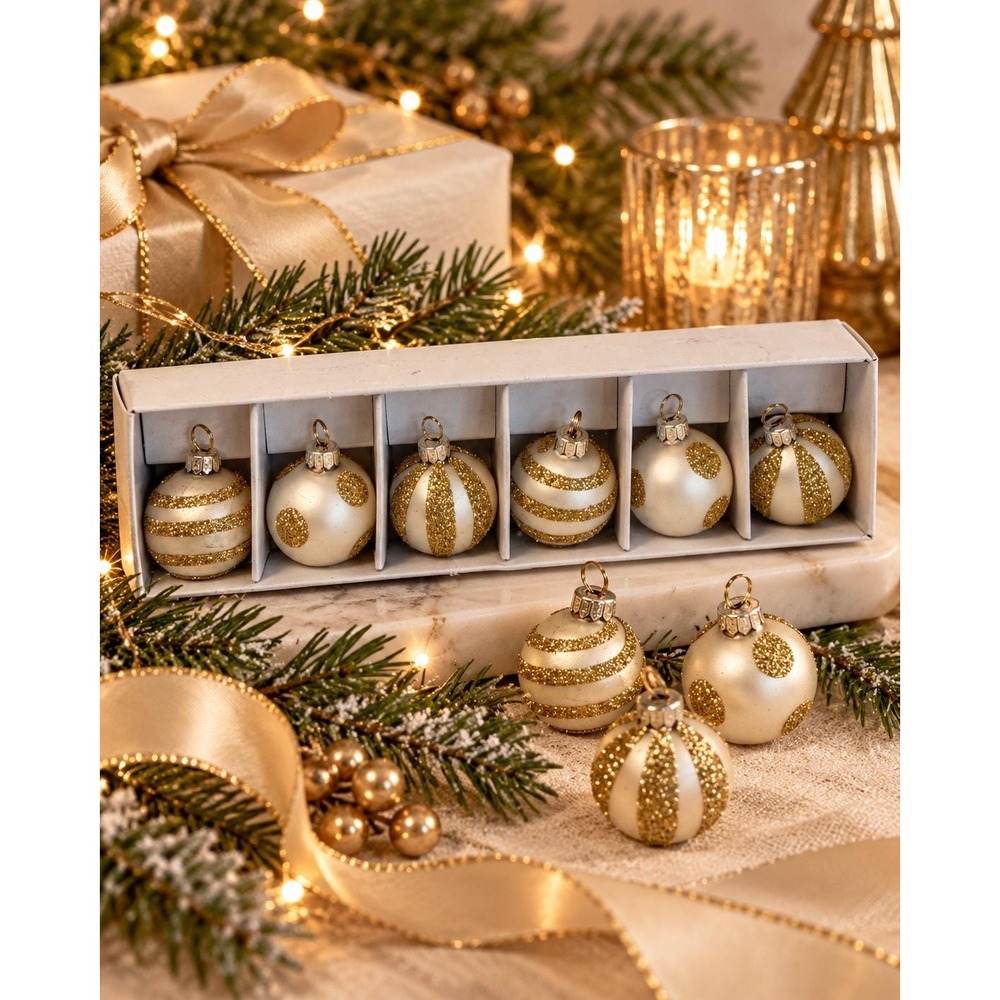 Vintage Gold Glitter Christmas Ornaments Set of 6 Ivory Glass Mini Ornaments